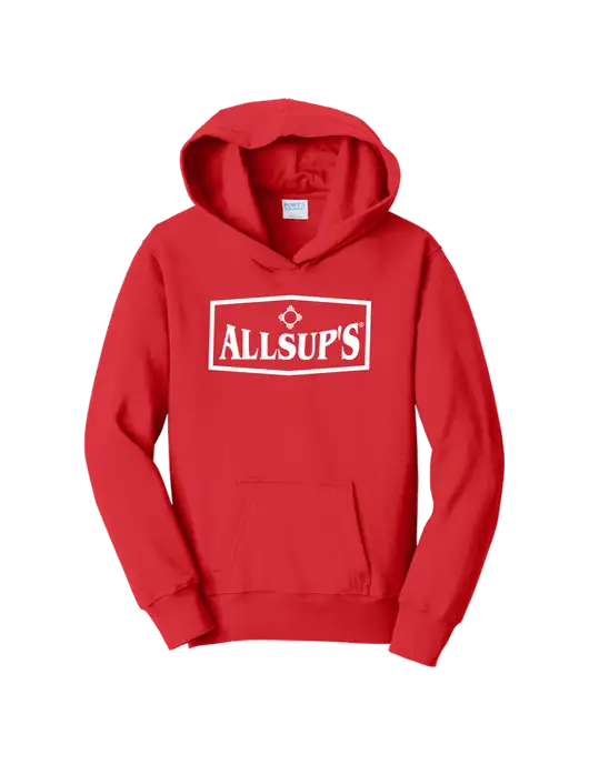Youth Bright Red 8.5 oz Ring Spun Pullover Hooded Sweatshirt w/ALLSUP'S Logo