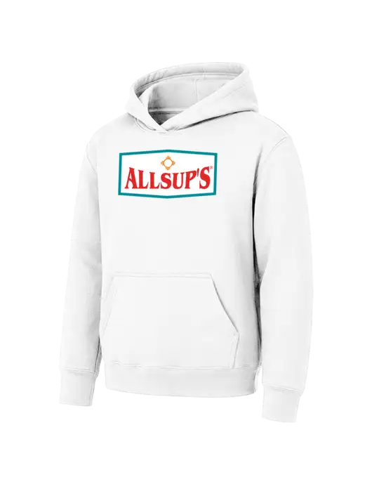 Youth White 7.8 oz Pullover Hooded Sweatshirt w/ALLSUP'S Logo