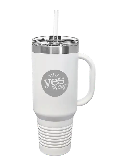 Polar Camel 40 oz. Powder Coated Vacuum Insulated White Travel Mug with Straw w/Yesway Logo