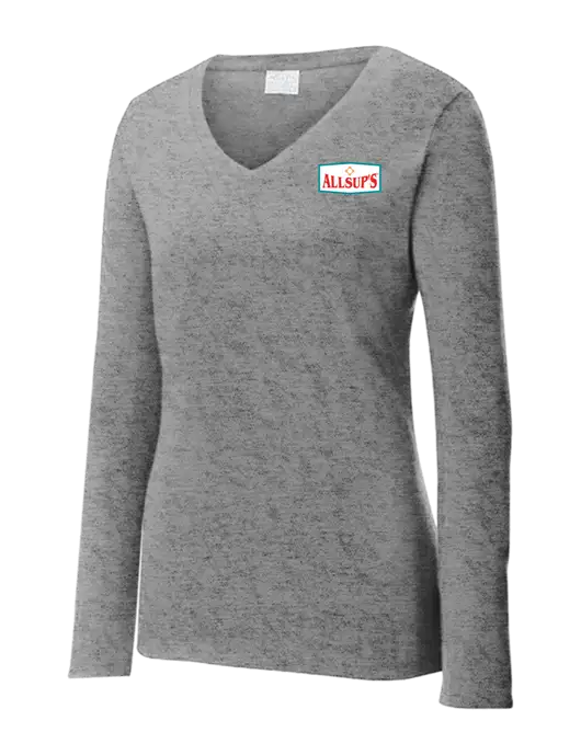 Womens  V-Neck Ring Spun Grey Heather 4.5 oz Long Sleeve T-Shirt w/ALLSUP'S Logo