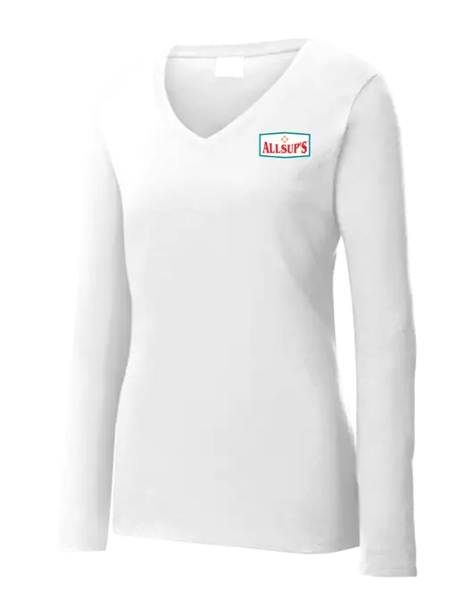 Womens  V-Neck Ring Spun White 4.5 oz Long Sleeve T-Shirt w/ALLSUP'S Logo
