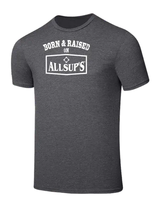 Seriously Soft Heathered Charcoal T-Shirt w/Allsup's Born & Raised Logo