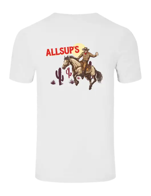 Seriously Soft White T-Shirt w/Allsup's Riding Off Logo, Allsup's Riding Off Logo