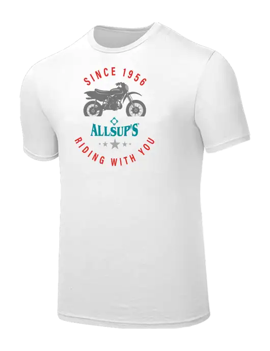 Seriously Soft White T-Shirt w/Allsup's Since 1956 Motorcycle Logo