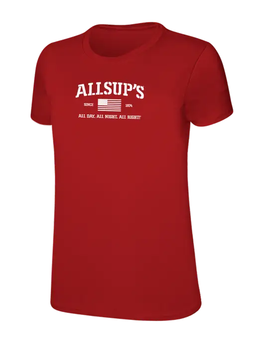 Womens Ring Spun Bright Red 4.5 oz T-Shirt w/Allsup's Veteran 2024 Logo