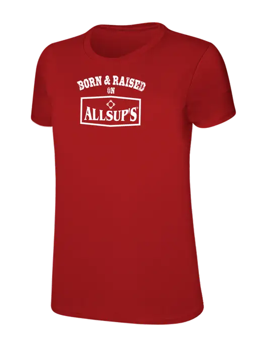 Womens Ring Spun Bright Red 4.5 oz T-Shirt w/Allsup's Born & Raised Logo