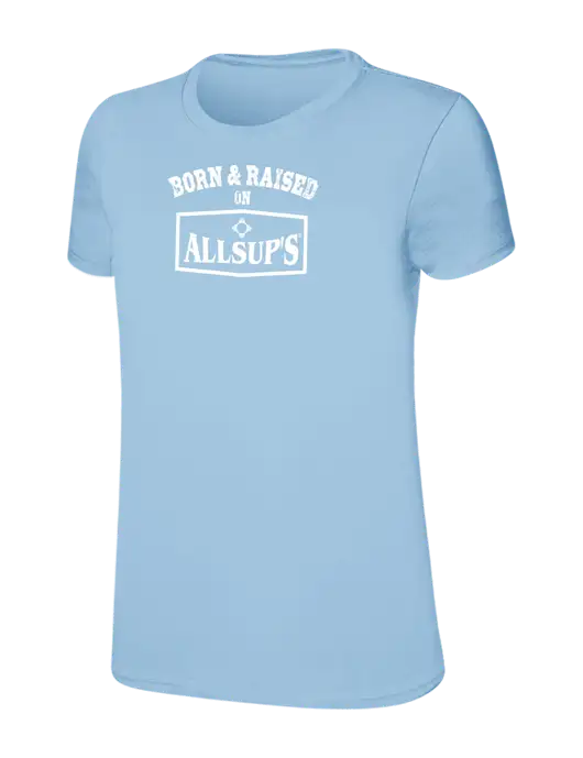 Womens Ring Spun Light Blue 4.5 oz T-Shirt w/Allsup's Born & Raised Logo
