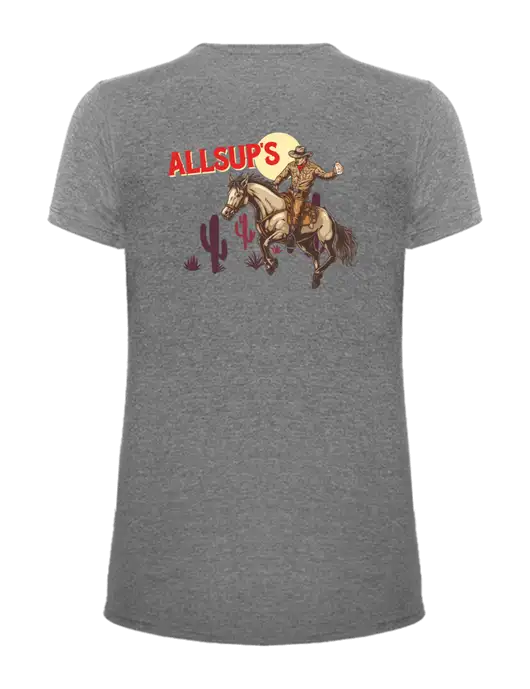 Womens Ring Spun Light Grey Heather 4.5 oz T-Shirt w/Allsup's Riding Off Logo, Allsup's Riding Off Logo