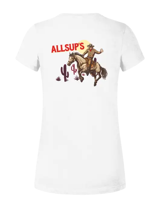 Womens Ring Spun White 4.5 oz T-Shirt w/Allsup's Riding Off Logo, Allsup's Riding Off Logo