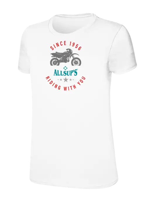 Womens Ring Spun White 4.5 oz T-Shirt w/Allsup's Since 1956 Motorcycle Logo