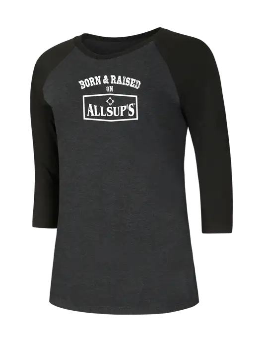 Womens Simply Soft 3/4 Sleeve Black/Black Frost Ring Spun Cotton T-Shirt w/Allsup's Born & Raised Logo