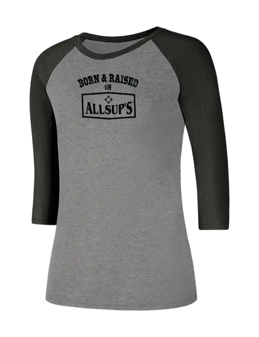 Womens Simply Soft 3/4 Sleeve Black Frost/Grey Frost Ring Spun Cotton T-Shirt w/Allsup's Born & Raised Logo