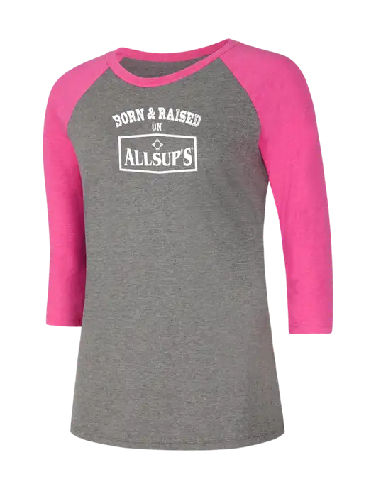 Womens Simply Soft 3/4 Sleeve Fuchsia Frost/Grey Frost Ring Spun Cotton T-Shirt w/Allsup's Born & Raised Logo