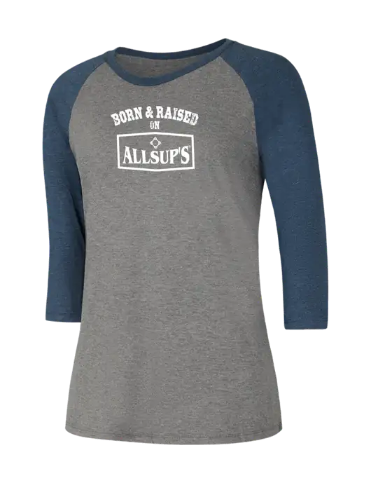 Womens Simply Soft 3/4 Sleeve Navy Frost/Grey Frost Ring Spun Cotton T-Shirt w/Allsup's Born & Raised Logo