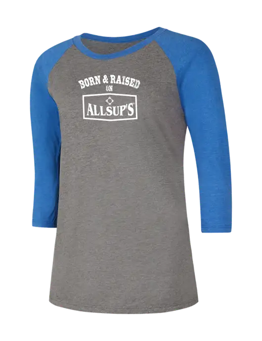 Womens Simply Soft 3/4 Sleeve Royal Frost/Grey Ring Spun Cotton T-Shirt w/Allsup's Born & Raised Logo