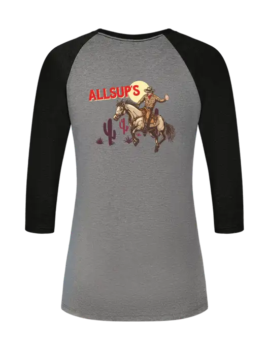 Womens Simply Soft 3/4 Sleeve Black Frost/Grey Frost Ring Spun Cotton T-Shirt w/Allsup's Riding Off Logo, Allsup's Riding Off Logo