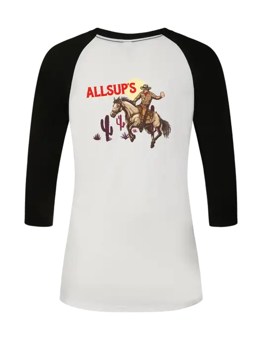 Womens Simply Soft 3/4 Sleeve Black/White Ring Spun Cotton T-Shirt w/Allsup's Riding Off Logo, Allsup's Riding Off Logo