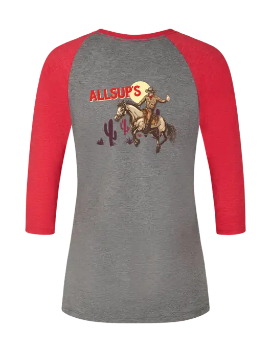 Womens Simply Soft 3/4 Sleeve Red Frost/Grey Frost Ring Spun Cotton T-Shirt w/Allsup's Riding Off Logo, Allsup's Riding Off Logo