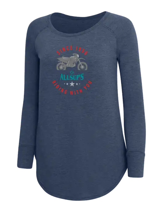 Womens Perfect Wide Collar Tunic Tri-Blend Navy Frost 4.5 oz T-Shirt w/Allsup's Since 1956 Motorcycle Logo
