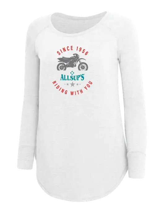 Womens Perfect Wide Collar Tunic Tri-Blend White 4.5 oz T-Shirt w/Allsup's Since 1956 Motorcycle Logo