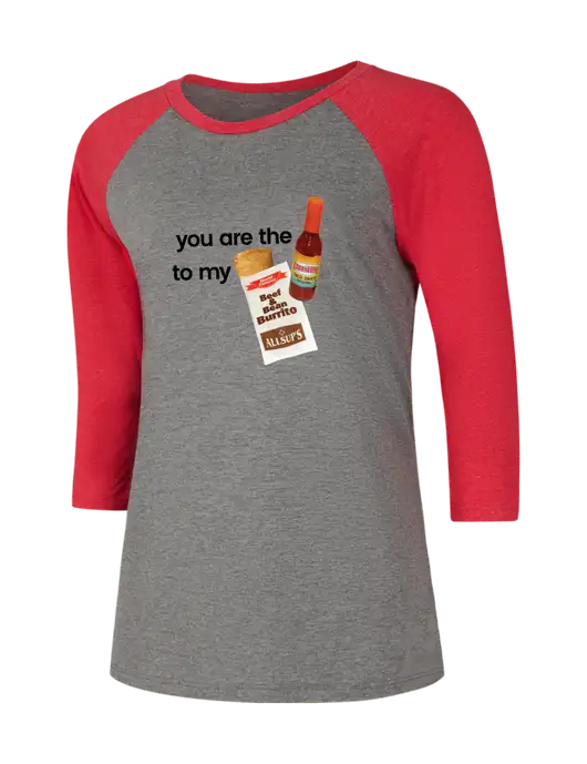 Womens Simply Soft 3/4 Sleeve Red Frost/Grey Frost Ring Spun Cotton T-Shirt w/Allsup's Sauce to Burrito Logo