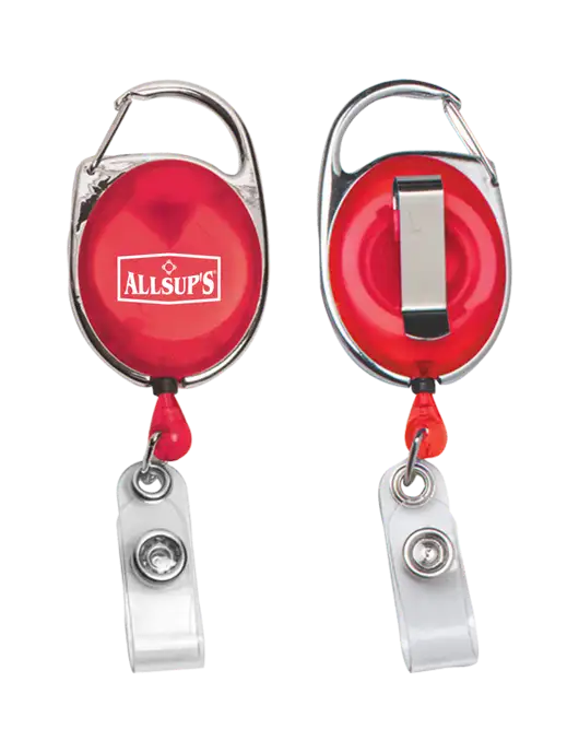 Red Carabiner Style Badge Reel and Badge Holder w/ALLSUP'S Logo