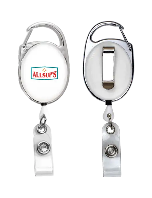 White Carabiner Style Badge Reel and Badge Holder w/ALLSUP'S Logo