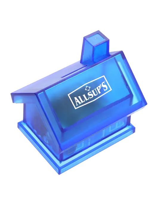 Translucent Blue Happy Home Coin Bank w/ALLSUP'S Logo