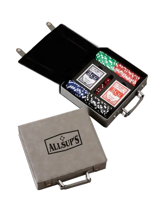 Grey Leatherette 100 Chip Poker Set w/ALLSUP'S Logo
