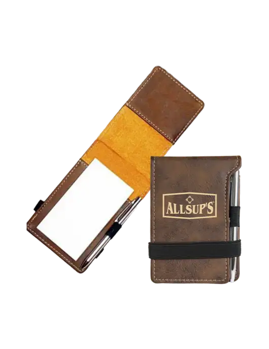 Rustic Leatherette Mini Notepad w/Pen, 3.25 x 4.75 w/ALLSUP'S Logo