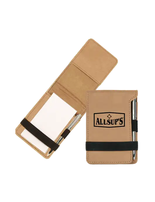 Tan Leatherette Mini Notepad with Pen,  3.25 x 4.75 w/ALLSUP'S Logo