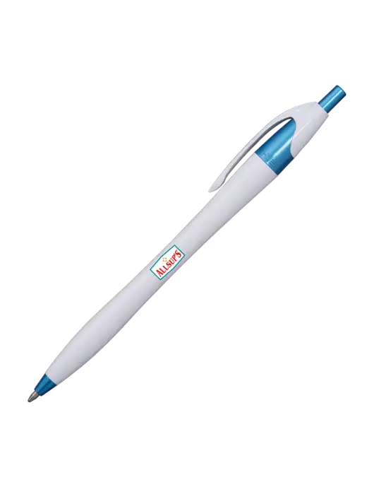 Novella White/Blue Shimmer Pen - Blue Ink w/ALLSUP'S Logo
