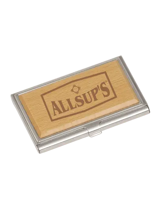 Wood & Silver Business Card Case w/ALLSUP'S Logo