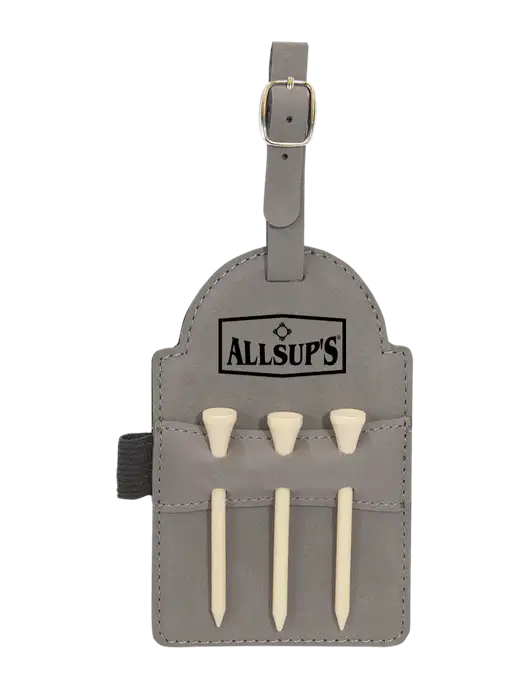 Grey Leatherette Golf Bag Tag with 3 Wooden Tees w/ALLSUP'S Logo
