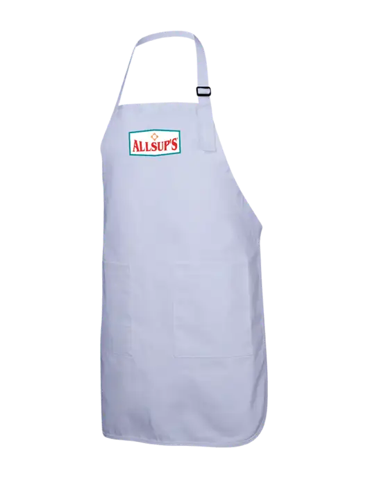 Full-Length White Apron With Pockets w/ALLSUP'S Logo