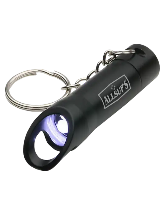 Black Pocket LED Flashlight with Bottle Opener & Keychain w/ALLSUP'S Logo