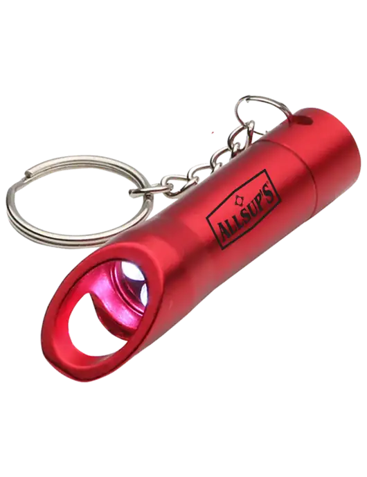 Red Pocket LED Flashlight with Bottle Opener & Keychain w/ALLSUP'S Logo
