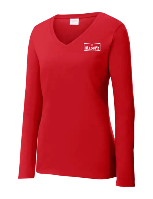 Womens  V-Neck Ring Spun Bright Red 4.5 oz Long Sleeve T-Shirt w/ALLSUP'S Logo
