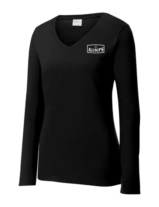 Womens V-Neck Ring Spun Jet Black 4.5 oz Long Sleeve T-Shirt w/ALLSUP'S Logo