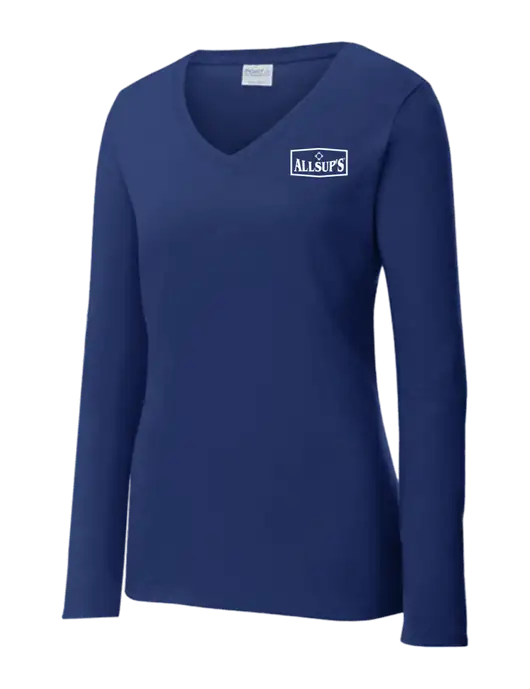 Womens  V-Neck Ring Spun Navy 4.5 oz Long Sleeve T-Shirt w/ALLSUP'S Logo