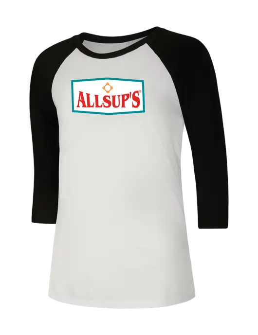 Womens Simply Soft 3/4 Sleeve Black/White Ring Spun Cotton T-Shirt w/ALLSUP'S Logo