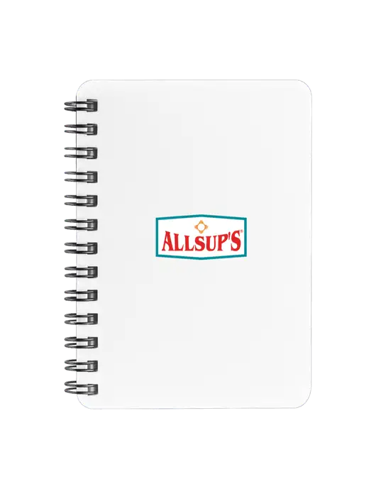 Sturdy White Hardcover Notebook, 5.25 x 7 w/ALLSUP'S Logo