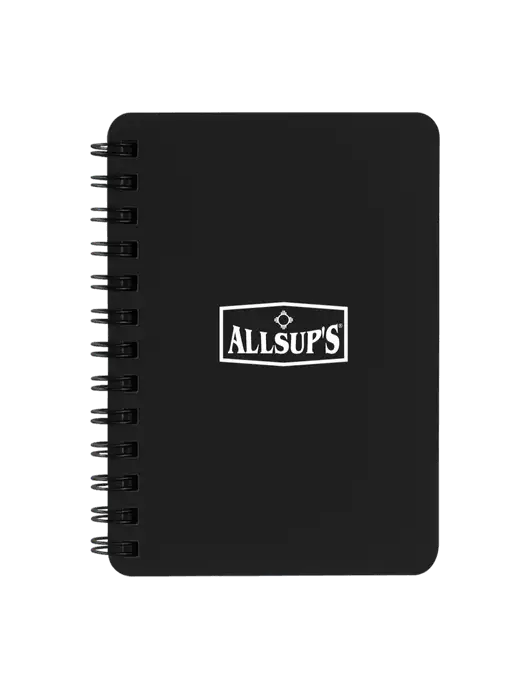 Sturdy Black Hardcover Notebook, 5.25 x 7 w/ALLSUP'S Logo