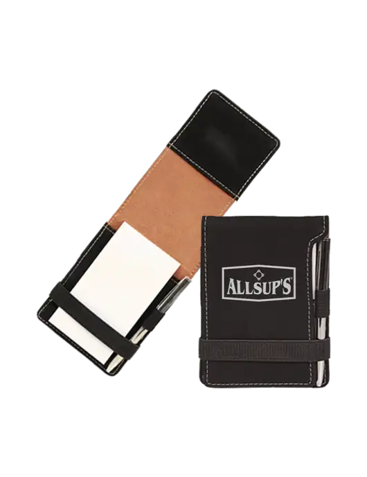 Black Leatherette Mini Notepad with Pen,  3.25 x 4.75 w/ALLSUP'S Logo