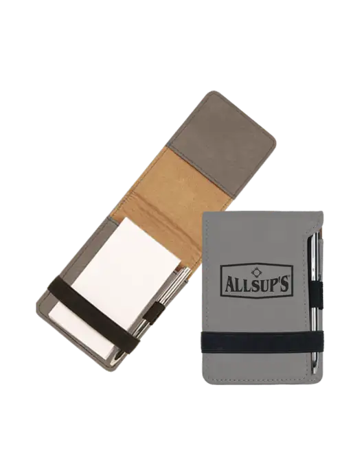 Grey Leatherette Mini Notepad with Pen,  3.25 x 4.75 w/ALLSUP'S Logo