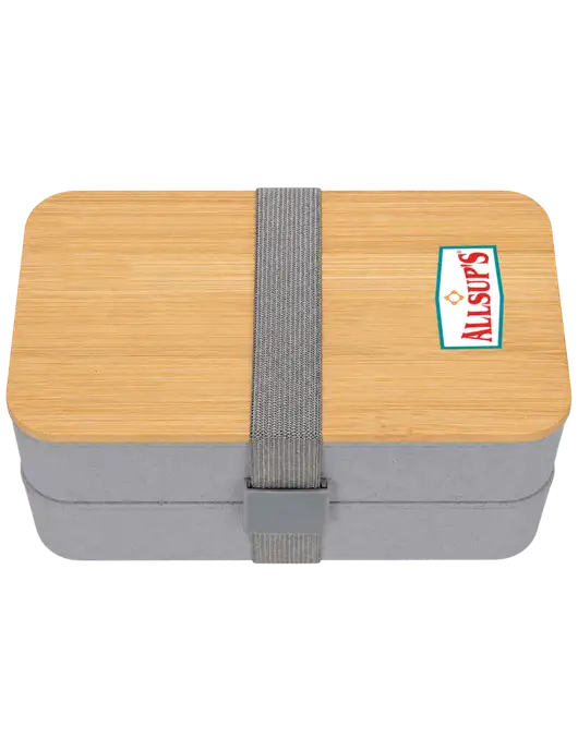 Double Decker Light Medium Grey Lunch Box w/Eco-Friendly FSC Bamboo Lid & Reusable Utensils w/ALLSUP'S Logo