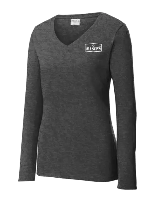 Womens  V-Neck Ring Spun Dark Heather Grey 4.5 oz Long Sleeve T-Shirt w/ALLSUP'S Logo