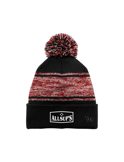New Era Black/Red Knit Chilled Pom Beanie w/ALLSUP'S Logo