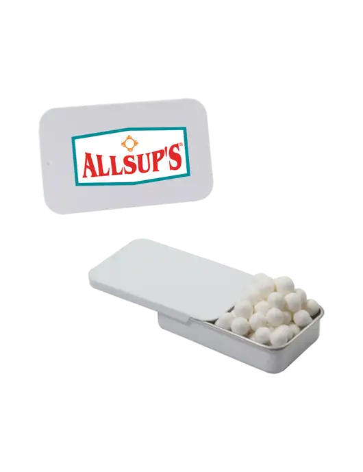 Signature Peppermints In White Slider Tin w/ALLSUP'S Logo