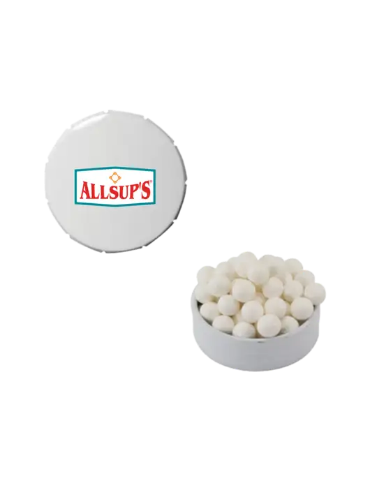 Signature Peppermints In White Snap Top Tin  w/ALLSUP'S Logo